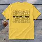 Yellow t-shirt with black text repeating "RIDGERUNNER", middle line bolded.