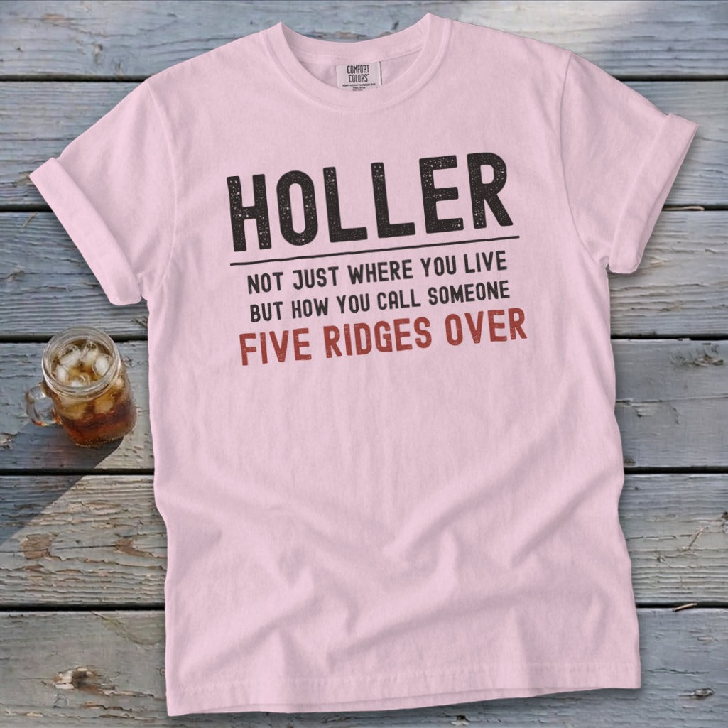 Light pink t-shirt with "HOLLER" and "FIVE RIDGES OVER" text.