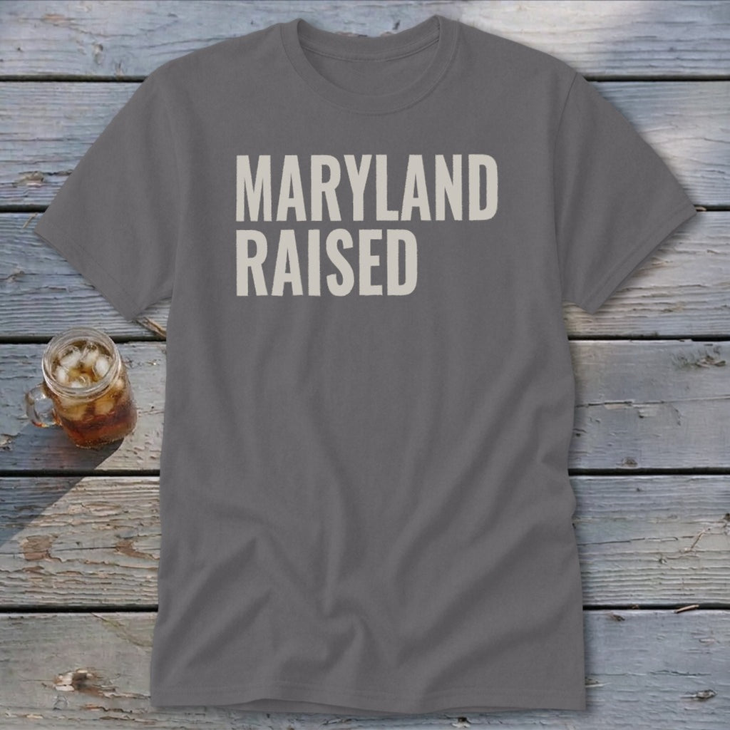 Gray t-shirt with "MARYLAND RAISED" text in a light cream color.