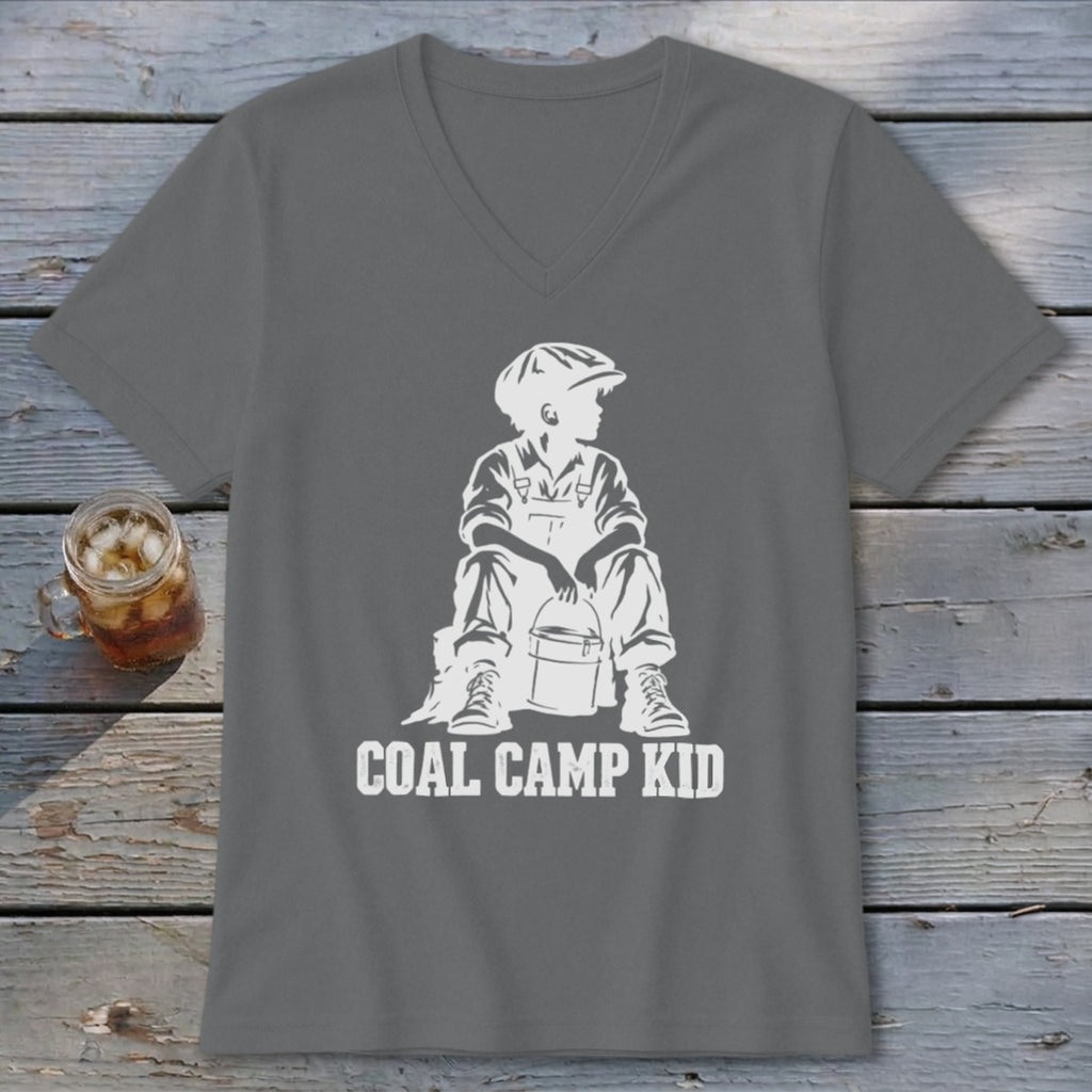 Gray v-neck t-shirt with white graphic of a boy sitting with a bucket, text "COAL CAMP KID".