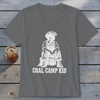 Gray v-neck t-shirt with white graphic of a boy sitting with a bucket, text "COAL CAMP KID".