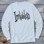 White long-sleeve t-shirt with black "Imliableto" text and a glass of iced tea.