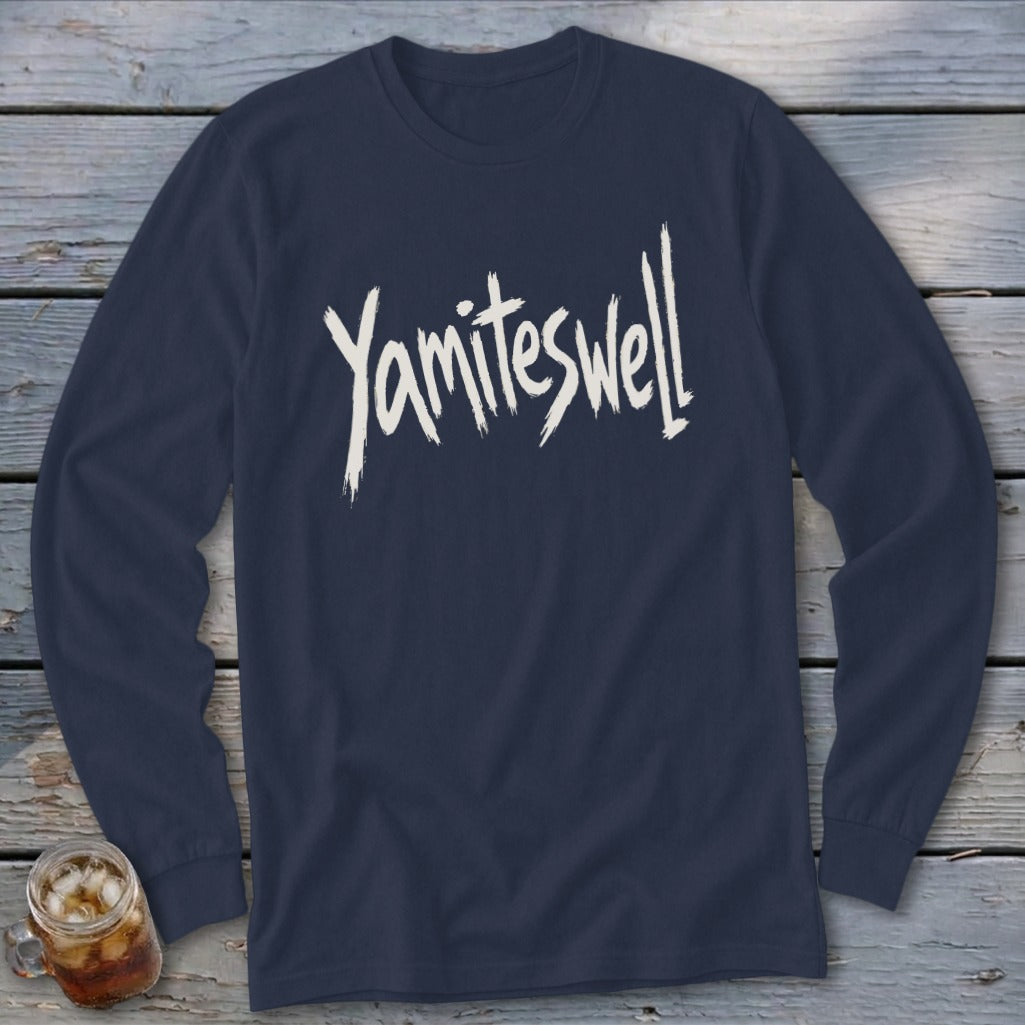 Navy long-sleeve shirt with "Yamiteswell" in white distressed font.