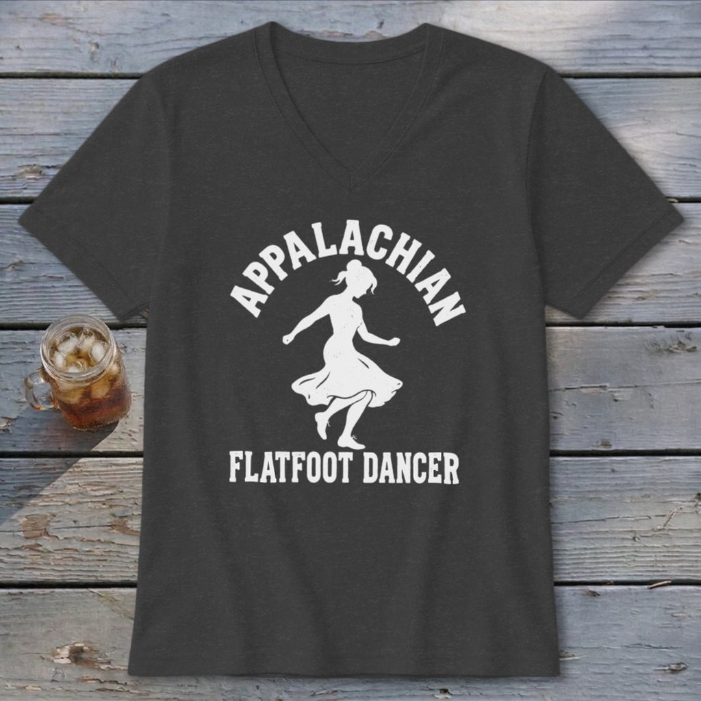 A dark gray v-neck t-shirt featuring white text reading Appalachian Flatfoot Dancer and a dancing figure.