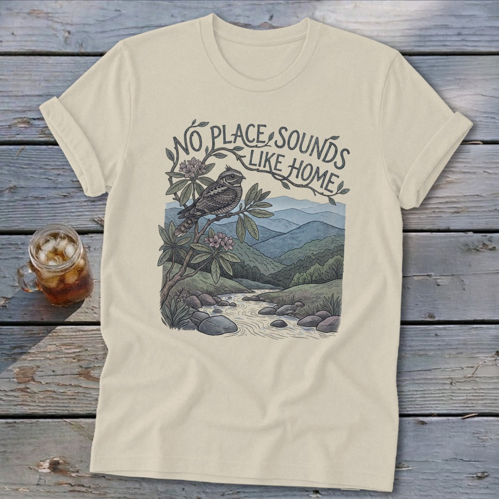 T-shirt with "No Place Sounds Like Home" text and bird in mountain landscape.