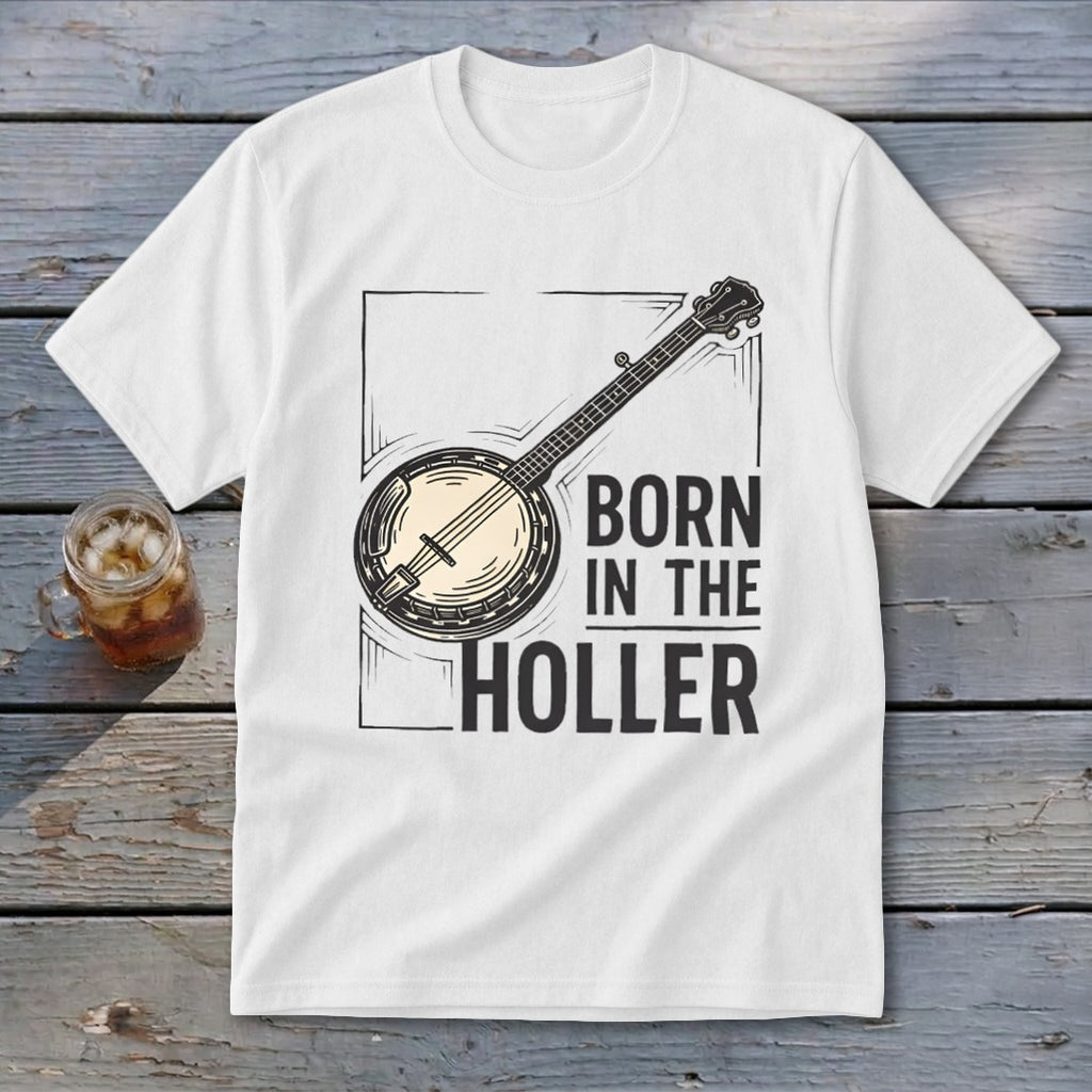 White t-shirt with banjo graphic and "BORN IN THE HOLLER" text.