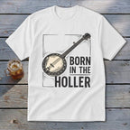 White t-shirt with banjo graphic and "BORN IN THE HOLLER" text.