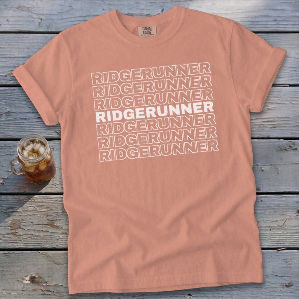 Peach t-shirt with "RIDGERUNNER" repeated multiple times in white text.
