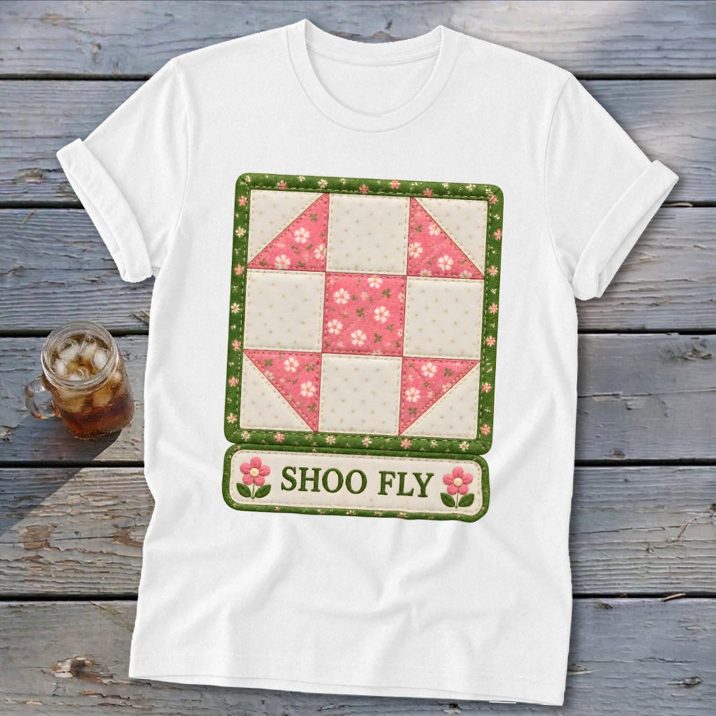 White t-shirt with a Shoo Fly quilt block graphic and text.