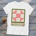 White t-shirt with a Shoo Fly quilt block graphic and text.