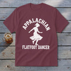 Maroon t-shirt featuring a white graphic of a dancing woman and the text Appalachian Flatfoot Dancer.