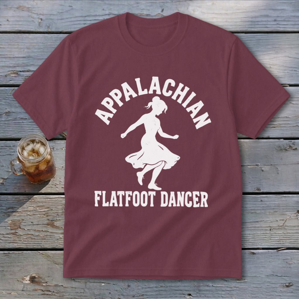Maroon t-shirt featuring a white graphic of a dancing woman and the text Appalachian Flatfoot Dancer.