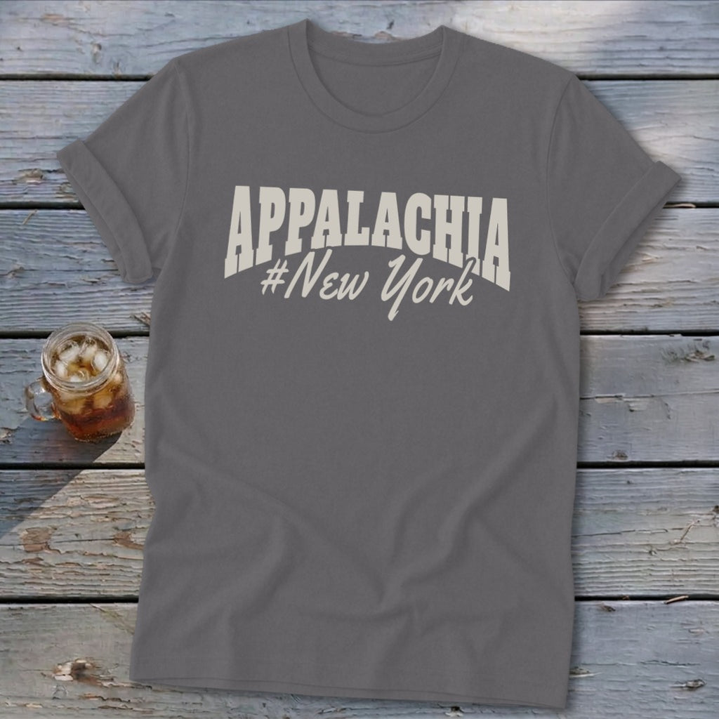 Gray t-shirt with "APPALACHIA #New York" text in cream.
