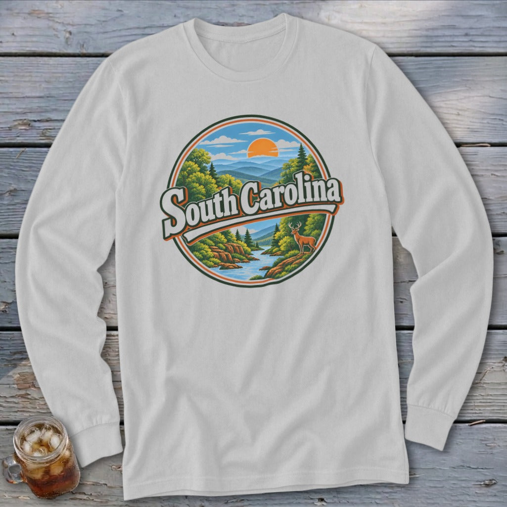 White long-sleeve shirt with a circular graphic of a South Carolina landscape and deer.