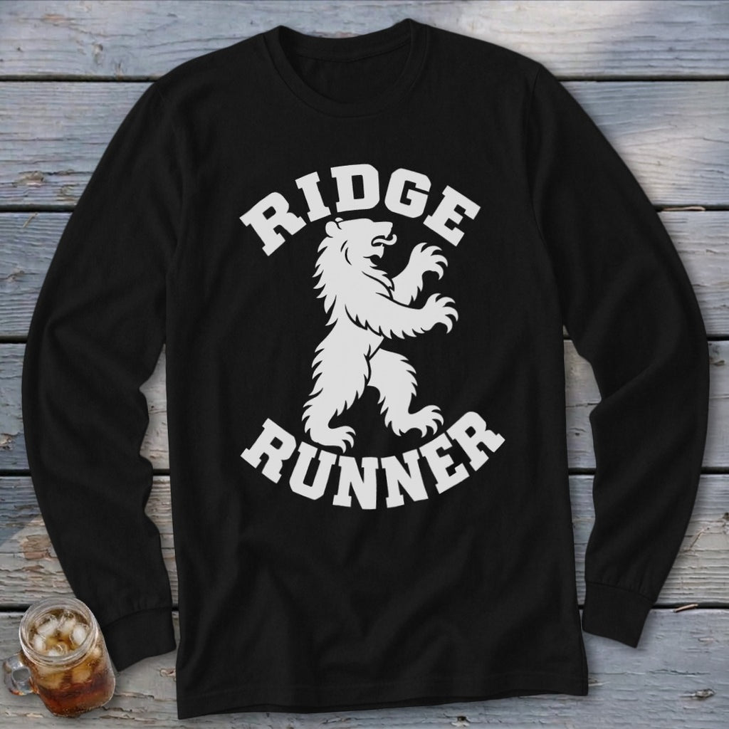Black long sleeve shirt with white "Ridge Runner" text and bear graphic.