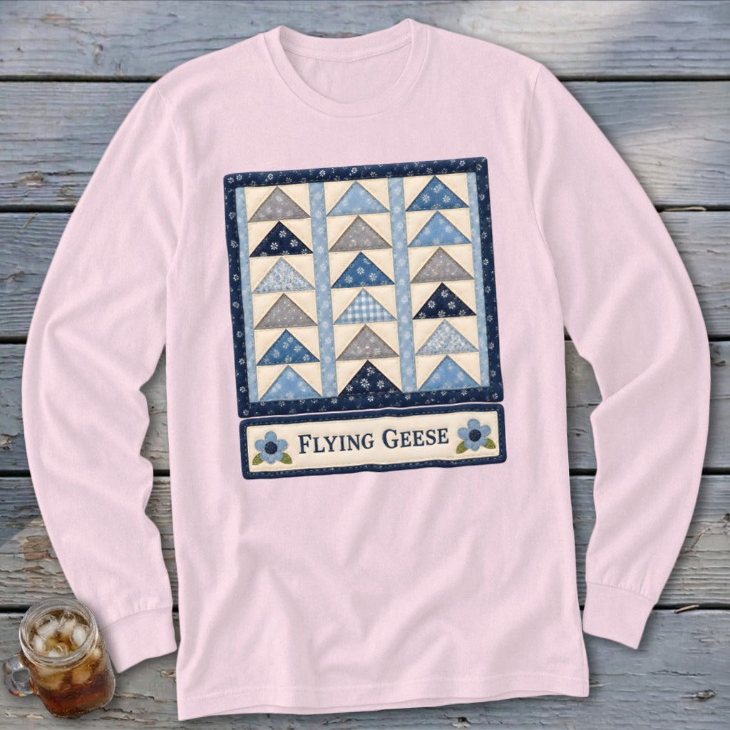 Pink long-sleeved shirt featuring a quilt design with "Flying Geese" text.
