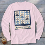 Pink long-sleeved shirt featuring a quilt design with "Flying Geese" text.
