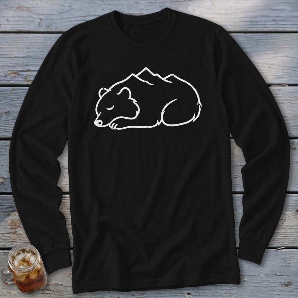 Black long-sleeve shirt with white outline of a sleeping bear and mountains design.