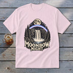 Pink t-shirt with "Moonbow Night" graphic of a waterfall under a moon and rainbow.