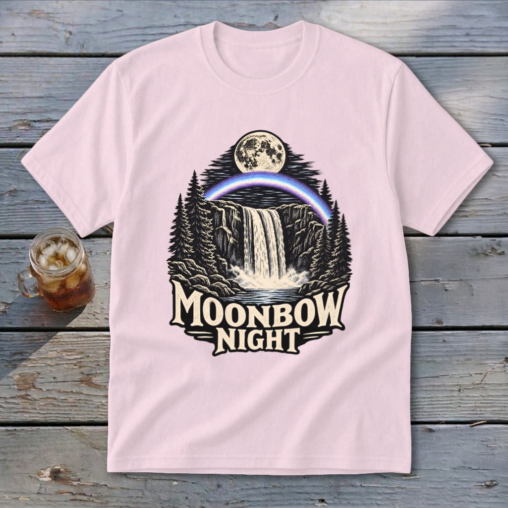 Pink t-shirt with "Moonbow Night" graphic of a waterfall under a moon and rainbow.