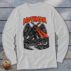 Mothman graphic with text, wings, red laser eyes, bridge, and town scene.