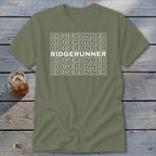 Olive t-shirt with white text "RIDGERUNNER" repeated seven times.