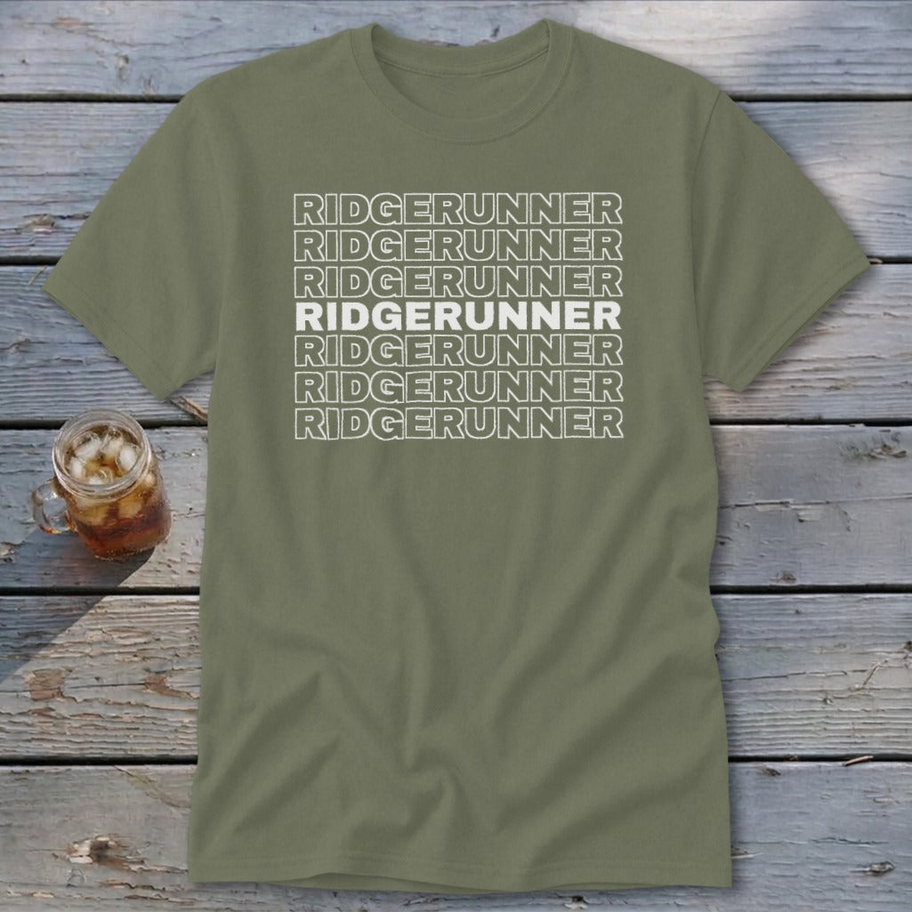 Olive t-shirt with white text "RIDGERUNNER" repeated seven times.