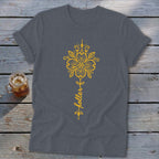 Dark grey t-shirt with yellow floral design and "holler" text.