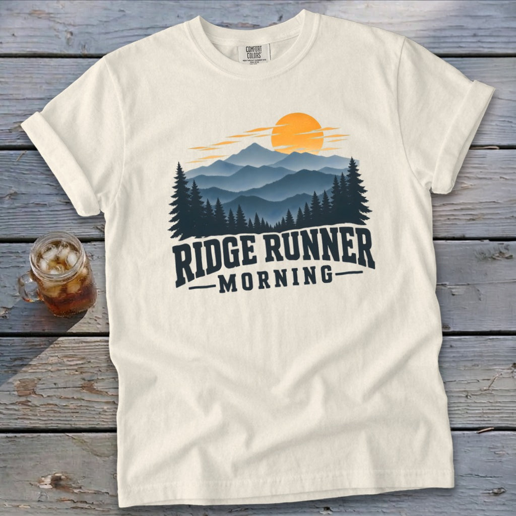Cream t-shirt with "Ridge Runner Morning" text and a mountain sunrise graphic.