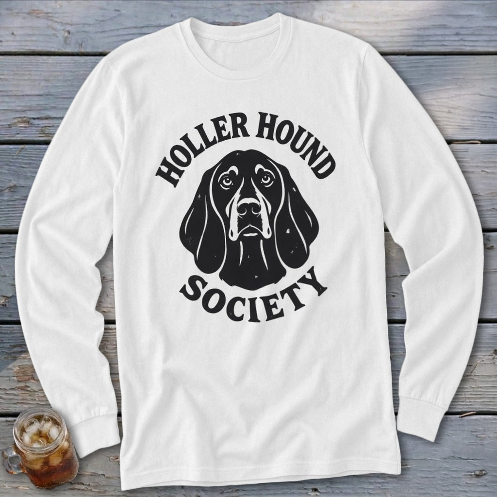 White long-sleeve shirt with black "Holler Hound Society" text and dog graphic.