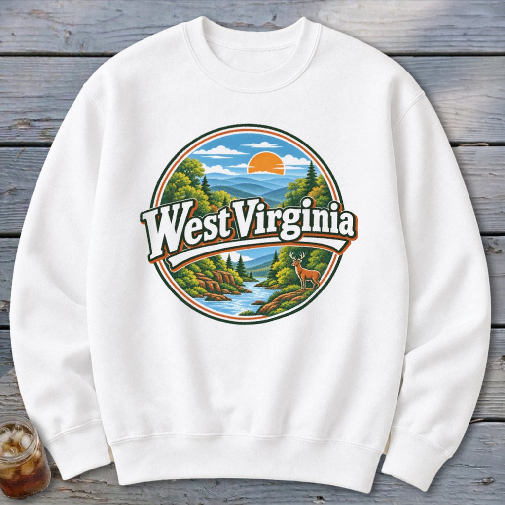 White sweatshirt with circular West Virginia mountain landscape graphic featuring a deer.