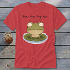 A red t-shirt printed with a cartoon frog on a lily pad and the text "finer than frog's hair".