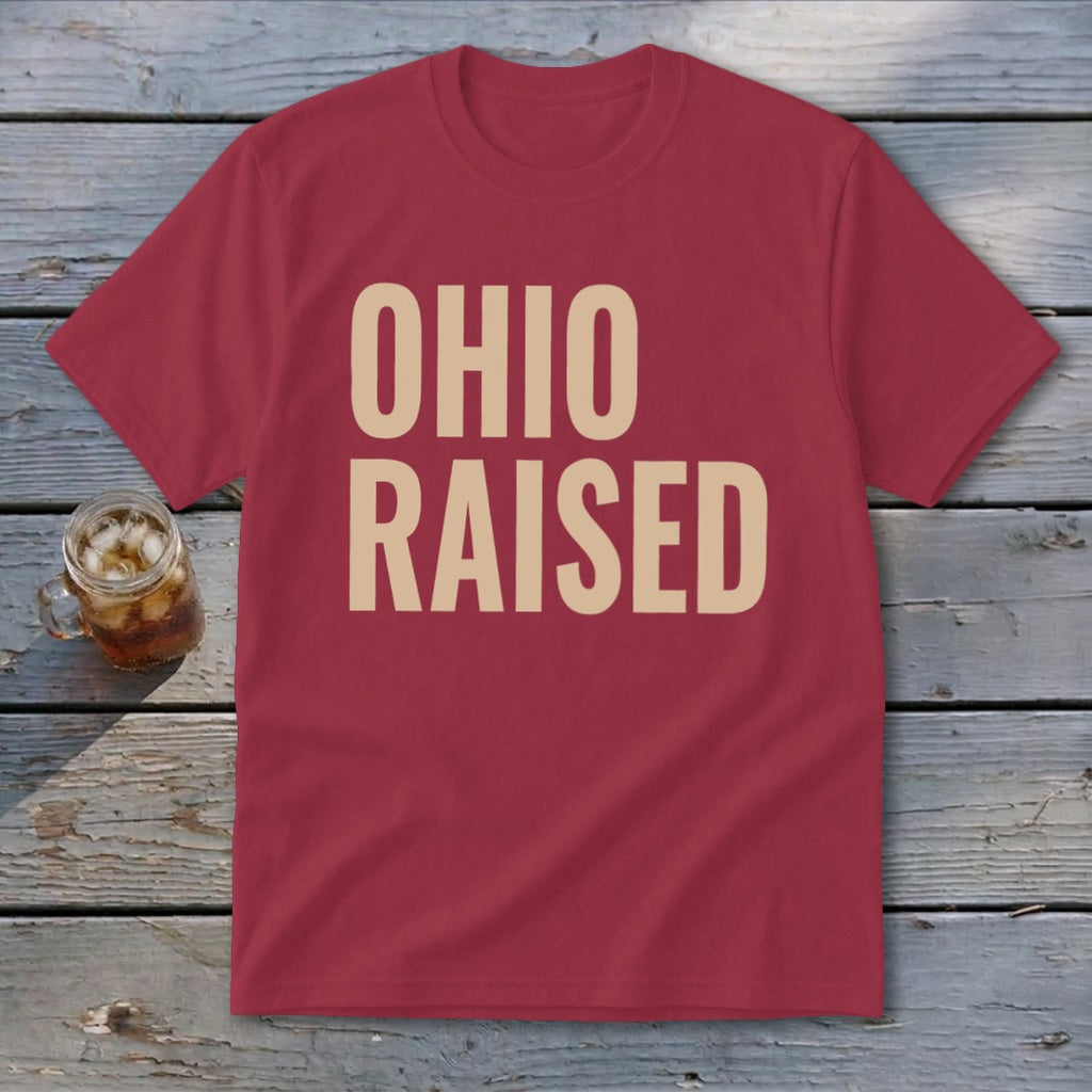 Crimson t-shirt with "OHIO RAISED" text in beige.