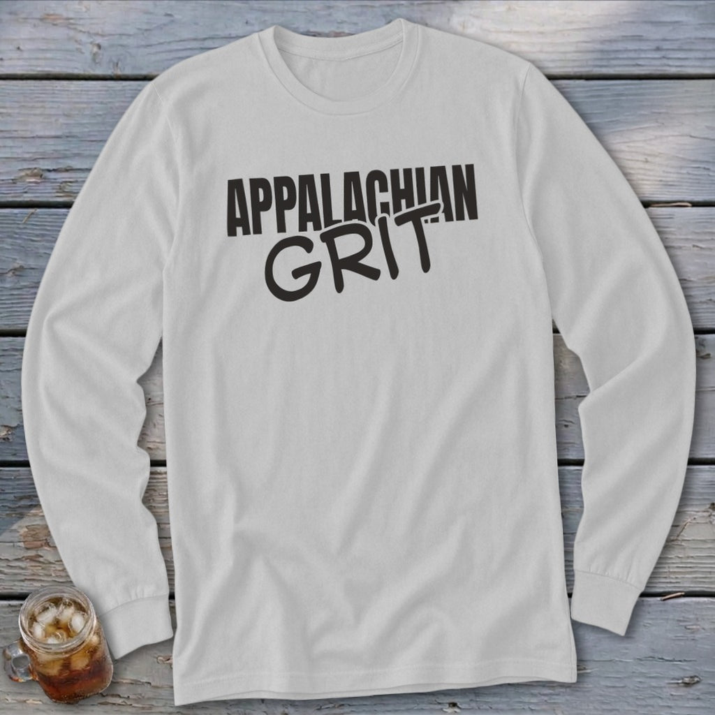 White long sleeve shirt with black text "APPALACHIAN GRIT"