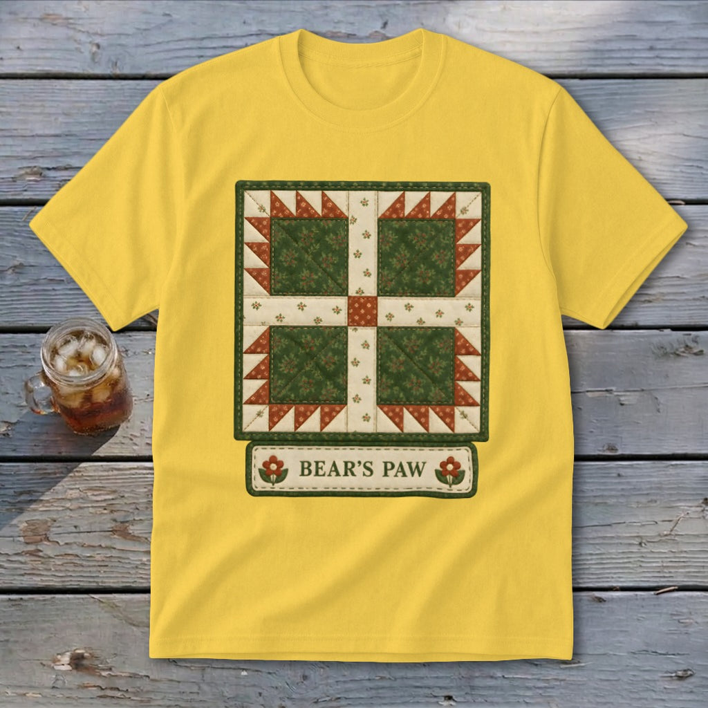 Yellow t-shirt with a quilt-style "Bear's Paw" design and text.