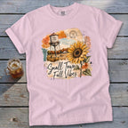 Pink t-shirt with "Small Town Fall Vibes" graphic and sunflower.