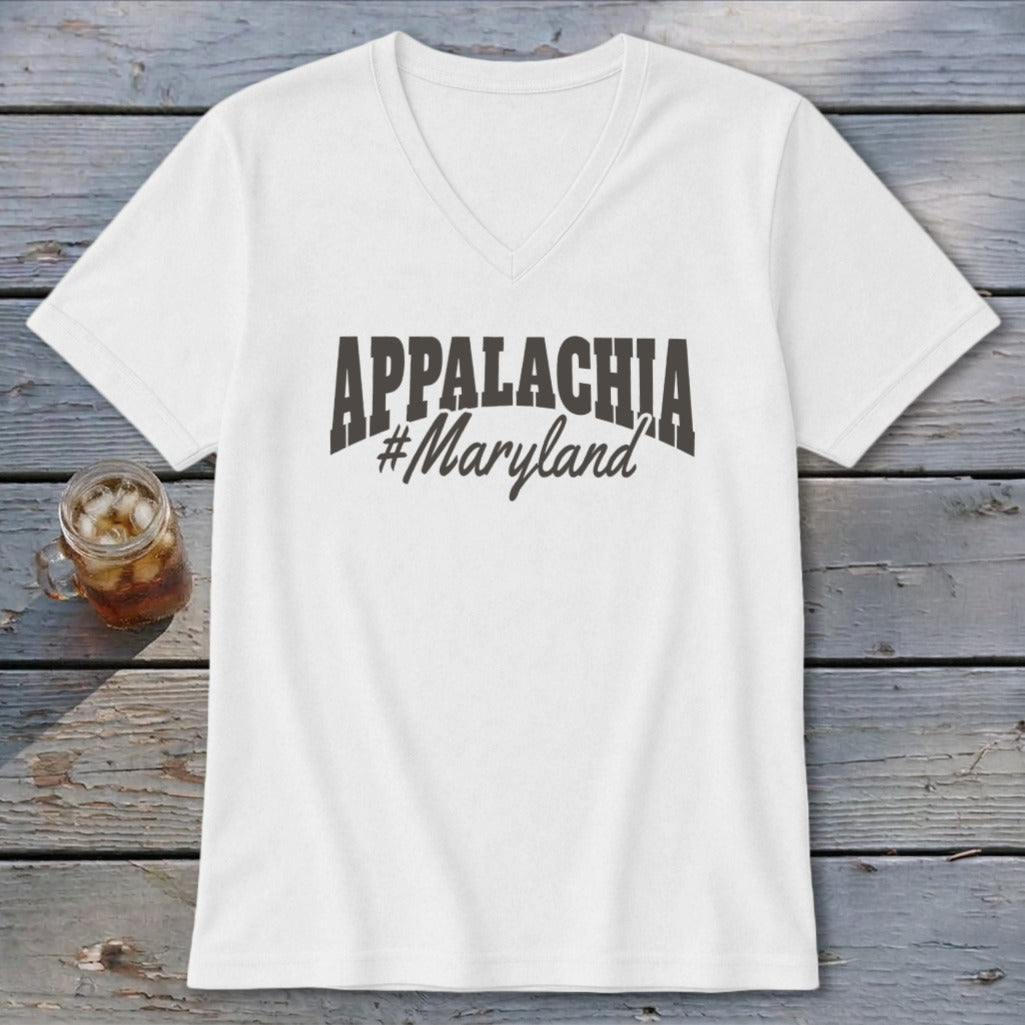 White v-neck t-shirt with "APPALACHIA #Maryland" graphic.