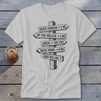 Light gray crewneck t-shirt featuring a black graphic of a wooden signpost with directional distance text.