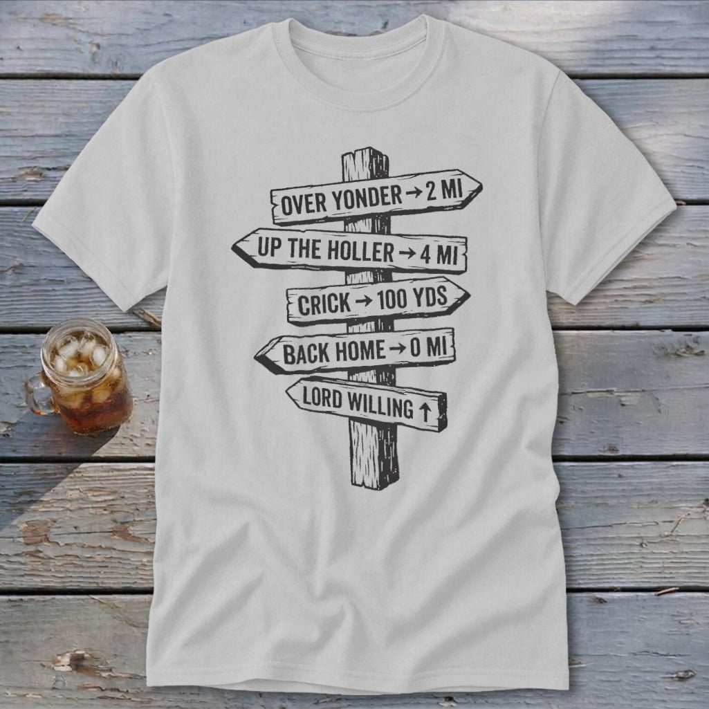 Light gray crewneck t-shirt featuring a black graphic of a wooden signpost with directional distance text.
