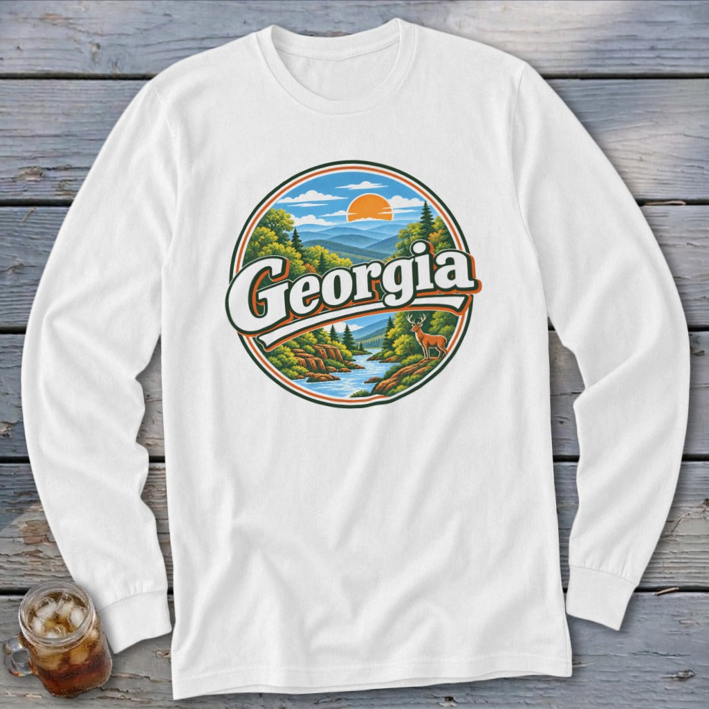 White long-sleeve shirt with a circular graphic of a river, mountains, and deer, featuring the word "Georgia".