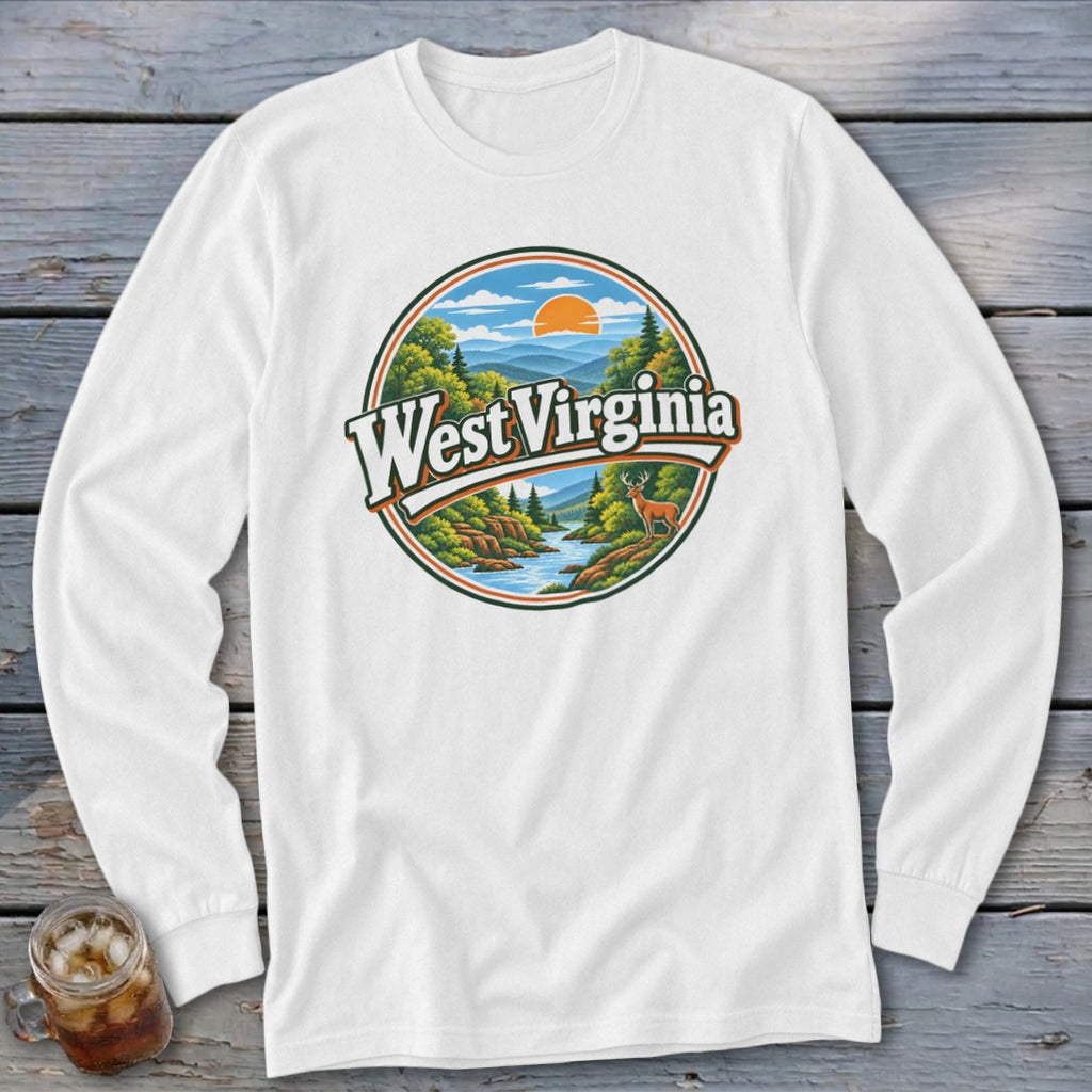 Long-sleeve t-shirt with a circular West Virginia mountain scene design.