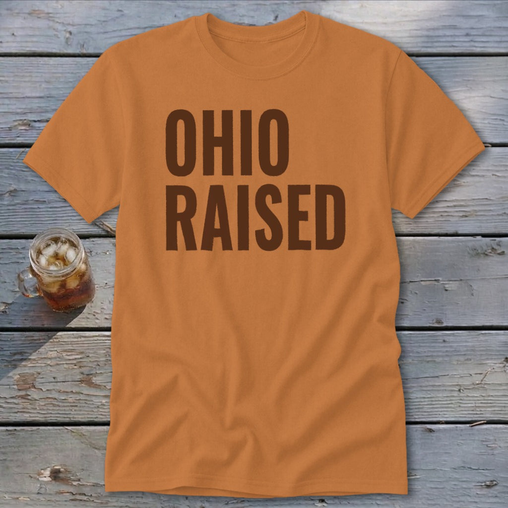 Orange t-shirt with "OHIO RAISED" text in dark brown letters.