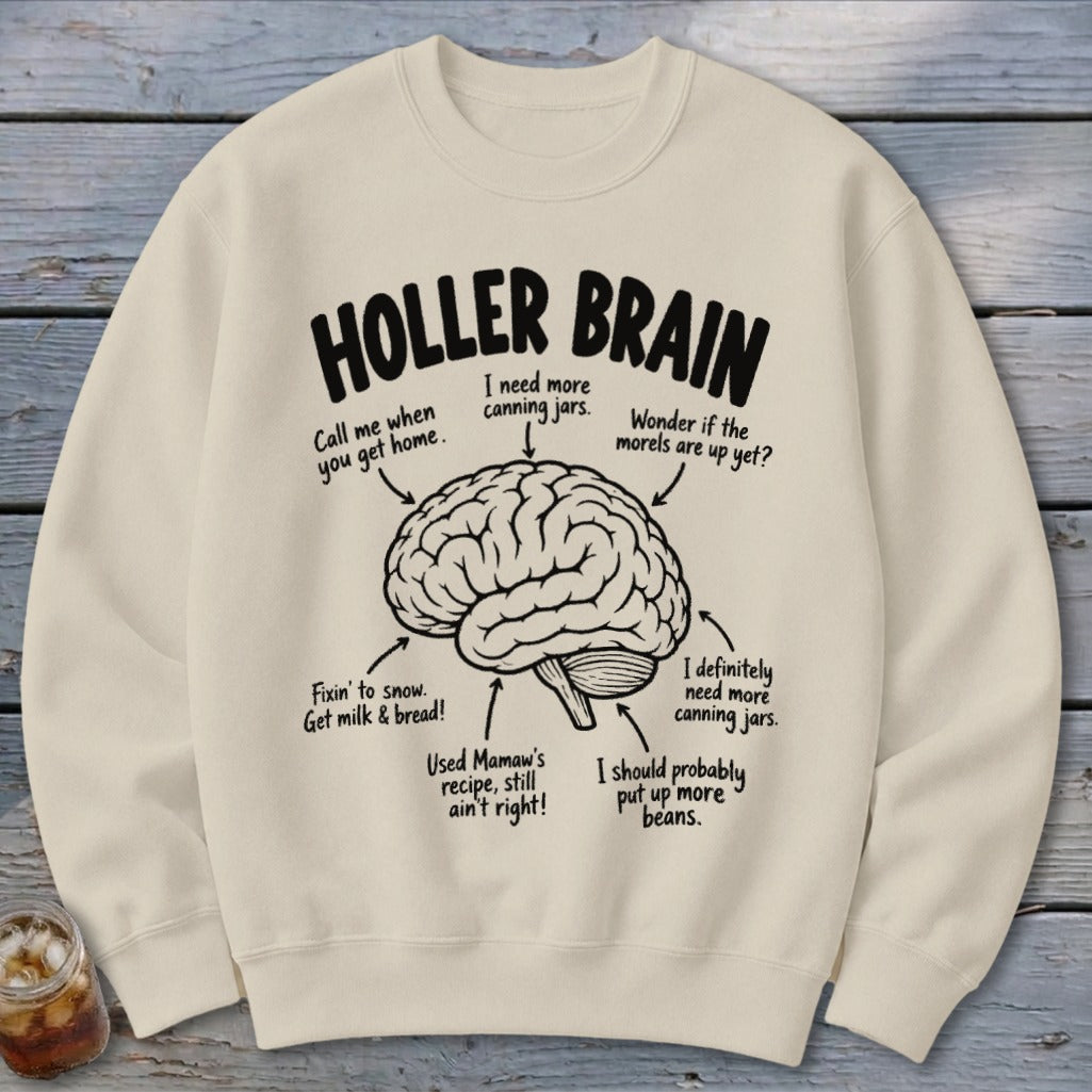 Cream sweatshirt with "Holler Brain" and a brain diagram of thoughts.