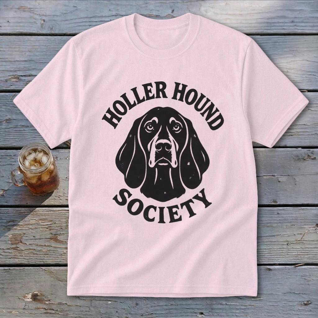 Light pink t-shirt with black "Holler Hound Society" text and dog graphic.