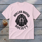 Light pink t-shirt with black "Holler Hound Society" text and dog graphic.