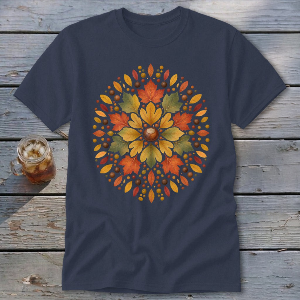Navy t-shirt with a circular autumn leaf and acorn design.