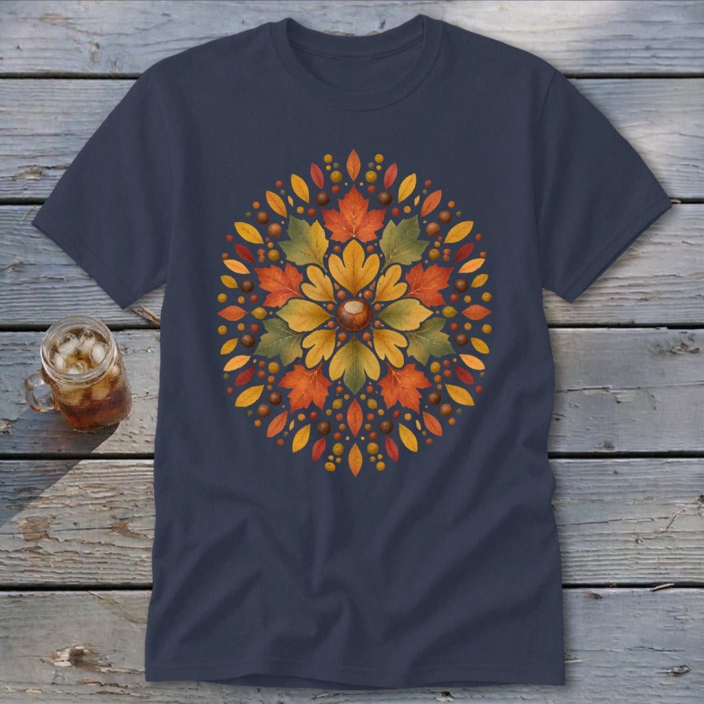 Navy t-shirt with a circular autumn leaf and acorn design.