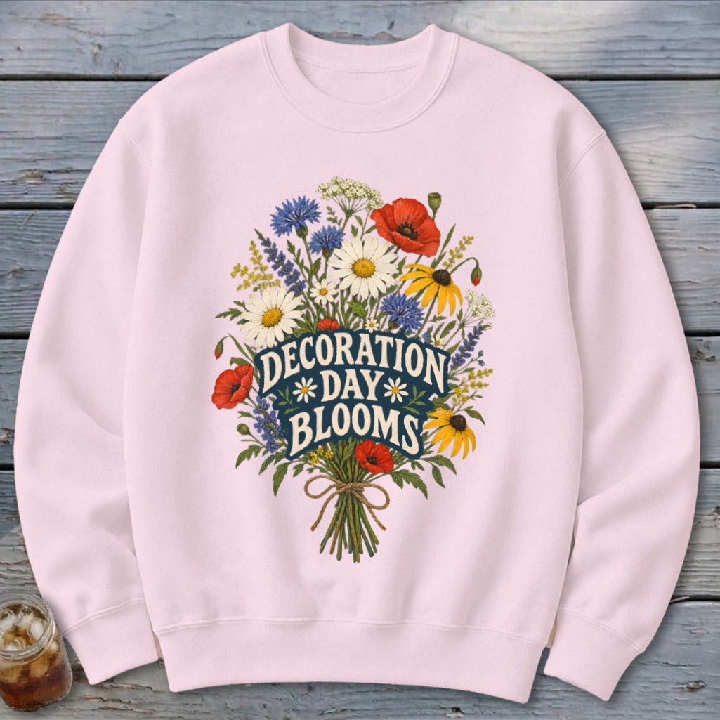 Pink sweatshirt with a floral bouquet and "Decoration Day Blooms" text.