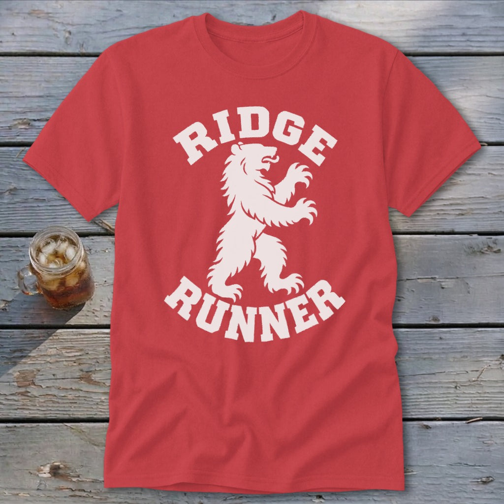 Red t-shirt with white text "RIDGE RUNNER" and a bear graphic.