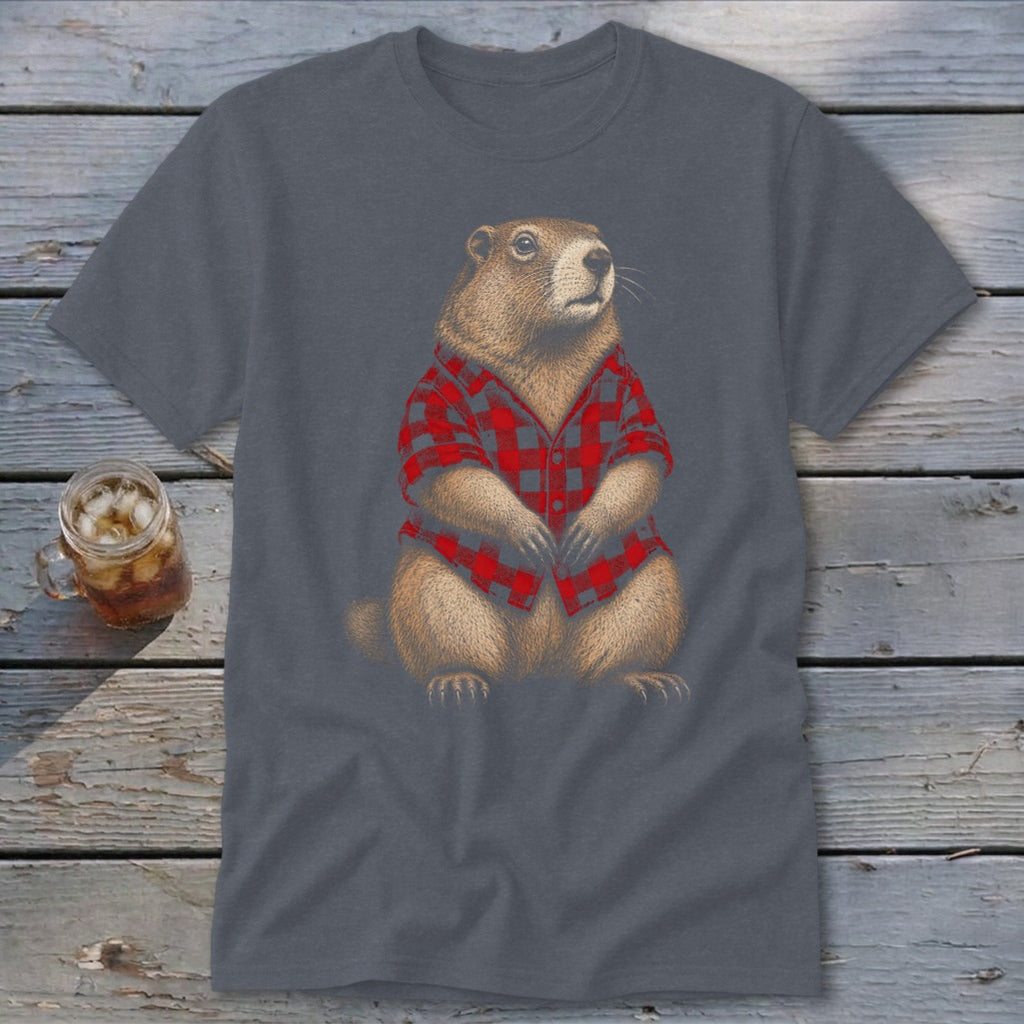 Groundhog wearing a red and black plaid shirt, seated.